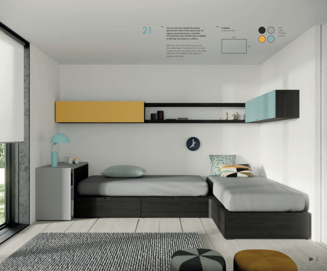 Dormitorio Infantil-Juvenil Noir, Humo, Mostaza y Celeste | Muebles Toscana