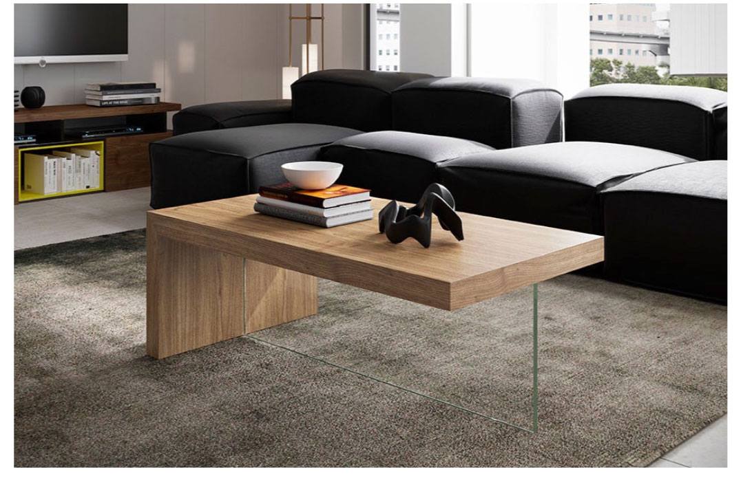 Mesa de centro rectangular en chapa de roble y base de cristal