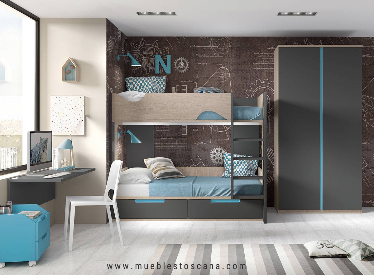 Dormitorio juvenil modular con litera y mesa de estudio